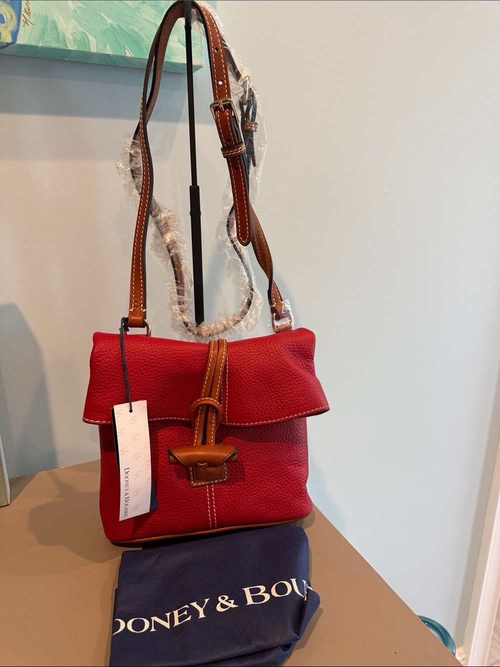 Dooney & Bourke Red Pebble Leather Crossbody with Tan Trim